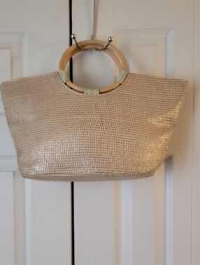 Neiman Marcus Cream Woven Tote with Round Wood Handles